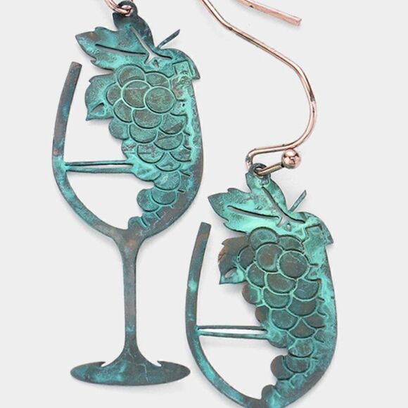 5/$25 Champagne Glass Patina Verdigris Earrings - Picture 2 of 6